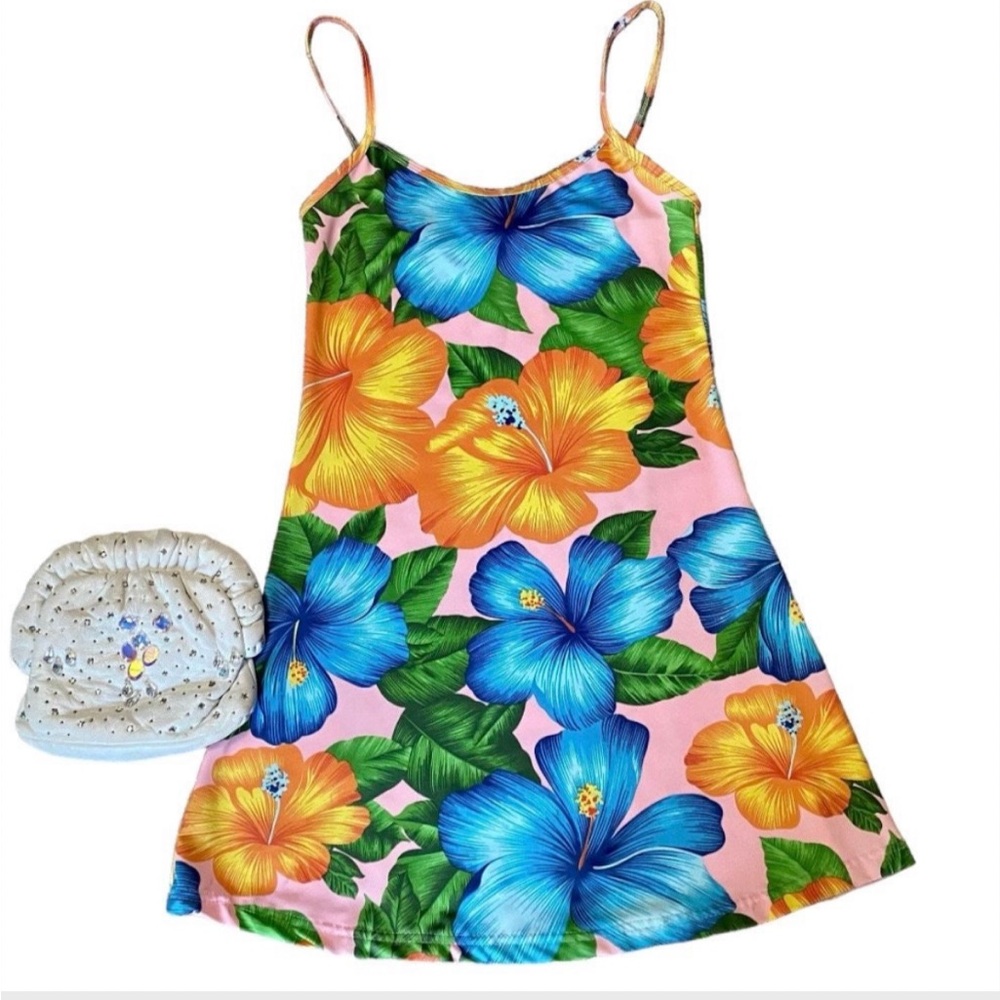 Vintage 1970s ALICE DESIGNS floral tropical mini dress swimsuit cover-up, Medium